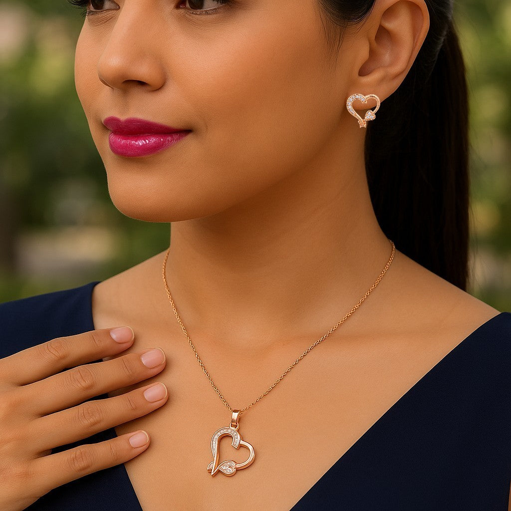 Rose Gold-Plated Heart shape pendant Set with American diamond  for Women & Girls