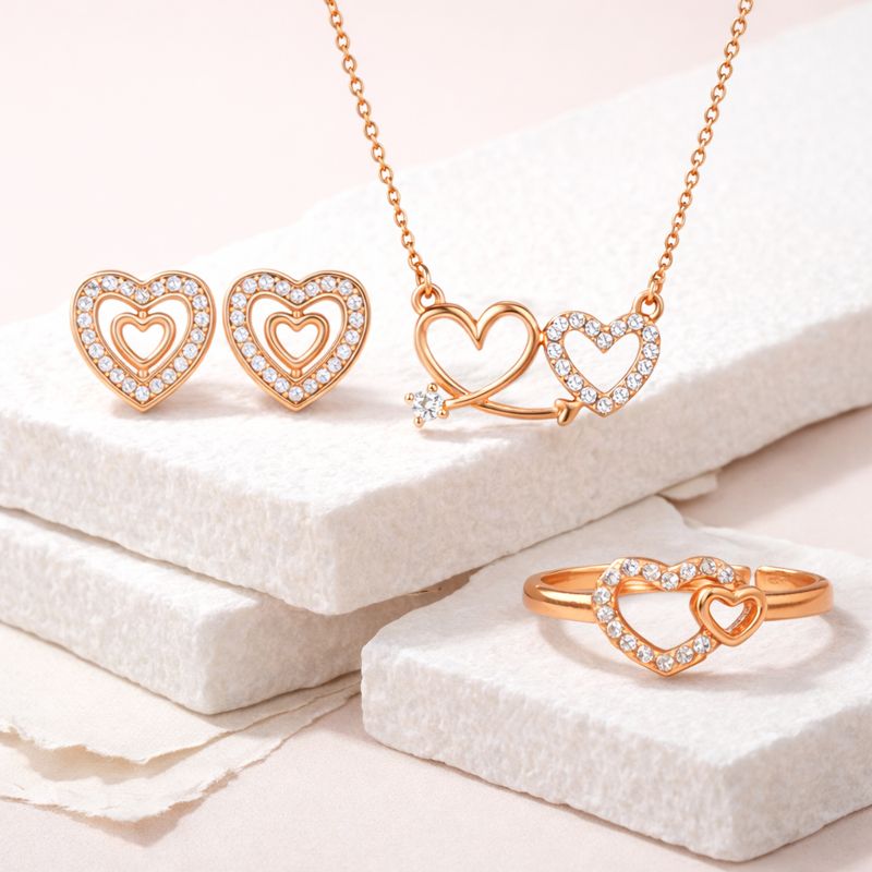 Harmony Hues Valentine Special Rose Gold Plated Heart Shaped Jewellery Value Set For Women And Girls | Pendant | Earrings | Ring