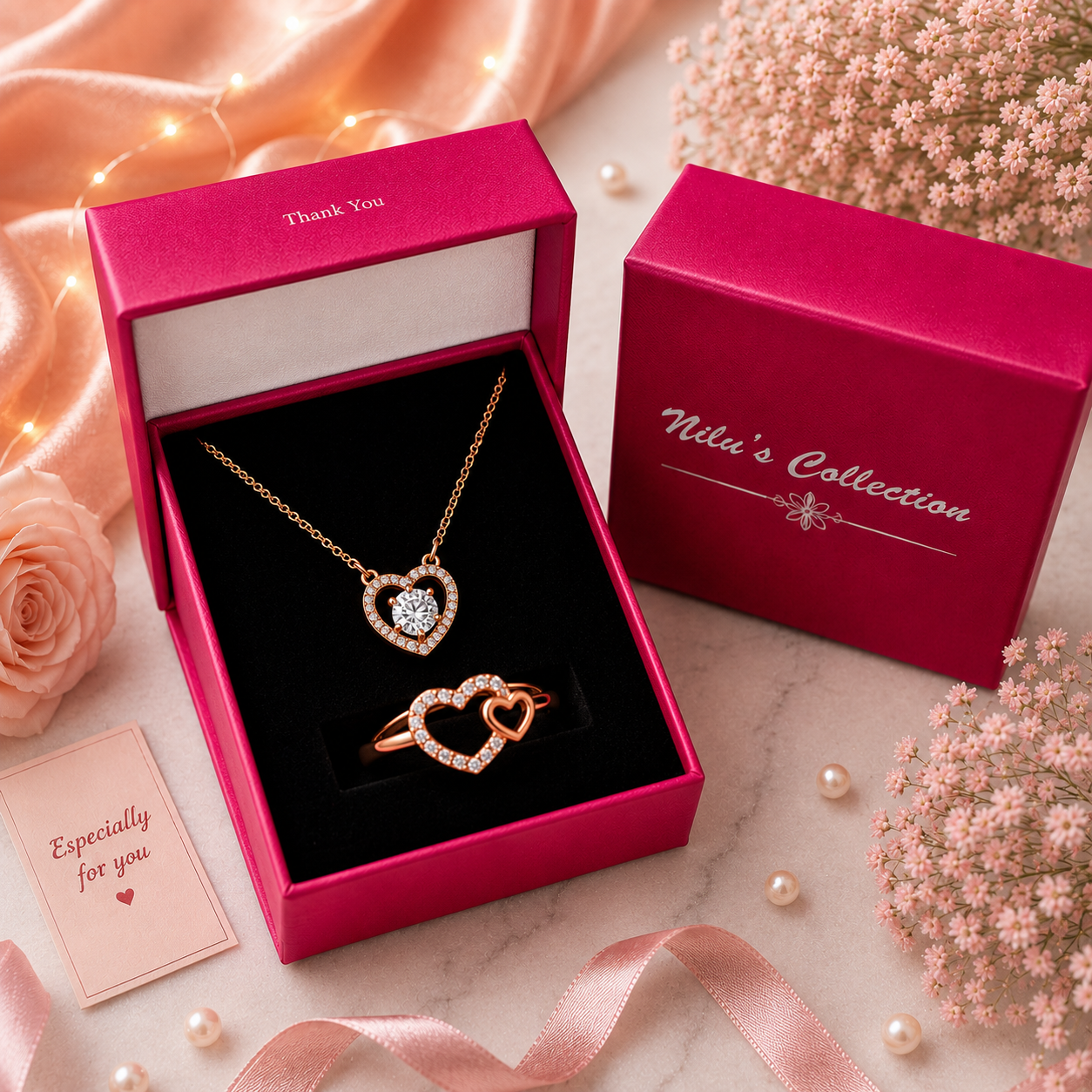 Foever Love Value Set| Rose Gold Plated Heart Pendant and Ring With American Diamond for Women & Girls