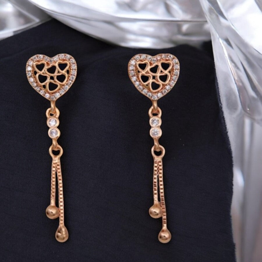 Rose Gold Plated Heart Design Dangling Earrings with American Diamond Stones For Women And Girls