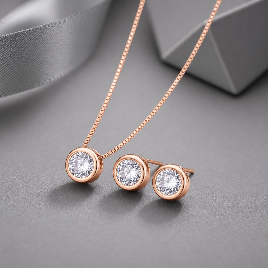 American Diamond Rose Gold Plated Necklace and Earrings for Girls and Women, Gift Jewelry for Women