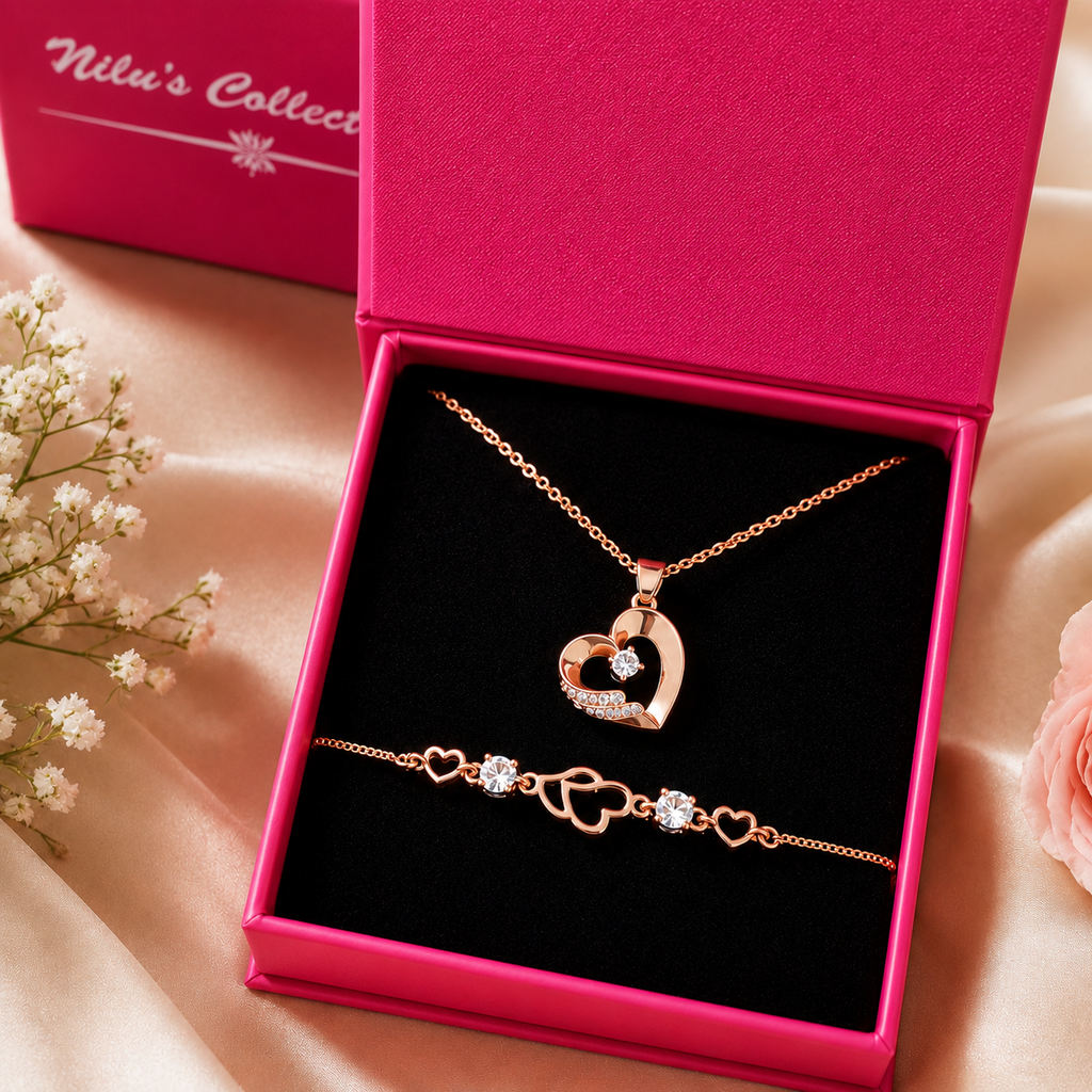 Rose Gold Heart Necklace & Bracelet Gift Set for Women