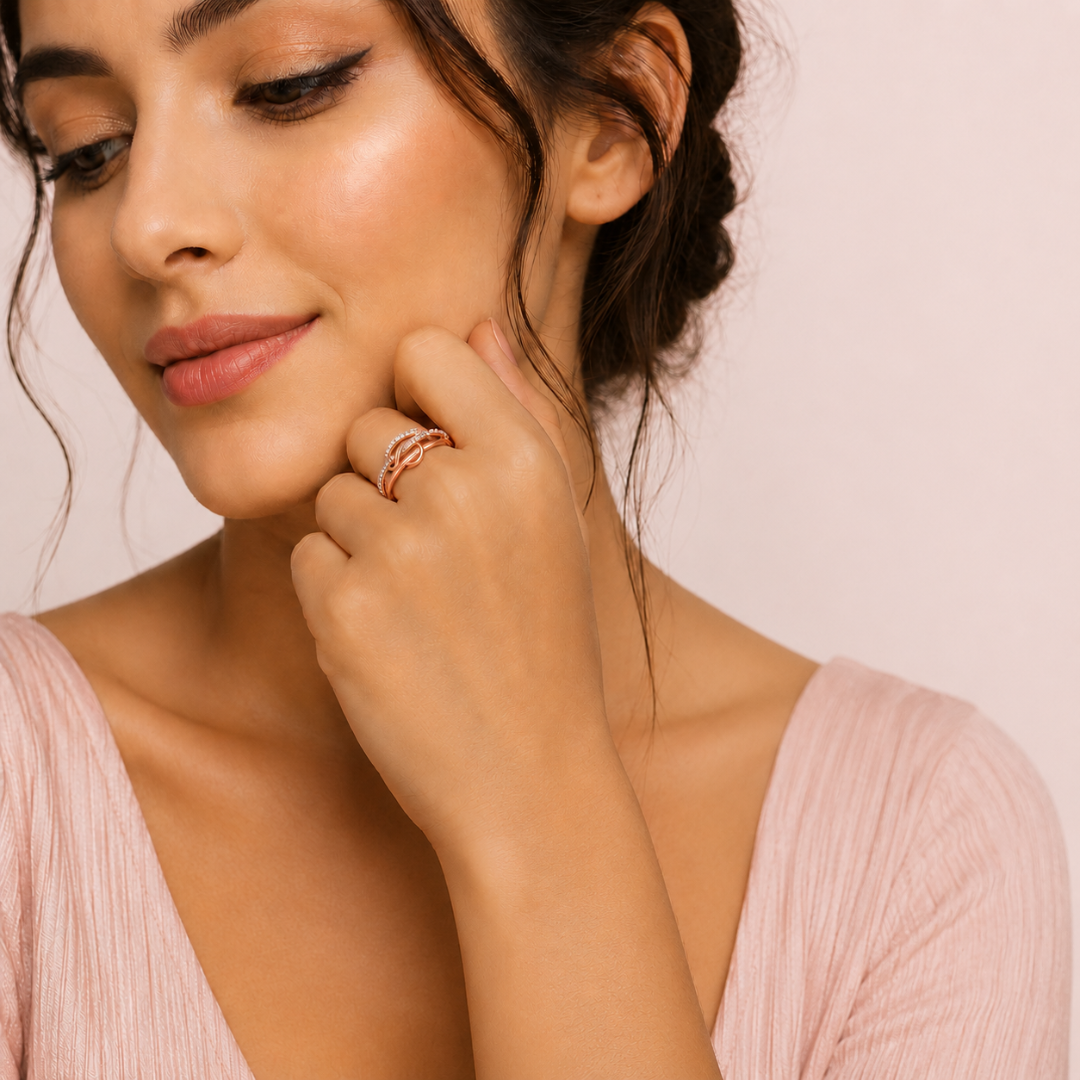 Rose Gold Plated | American Diamond Studded | Adjustable | Finger Ring for Women and Girls, Style 23