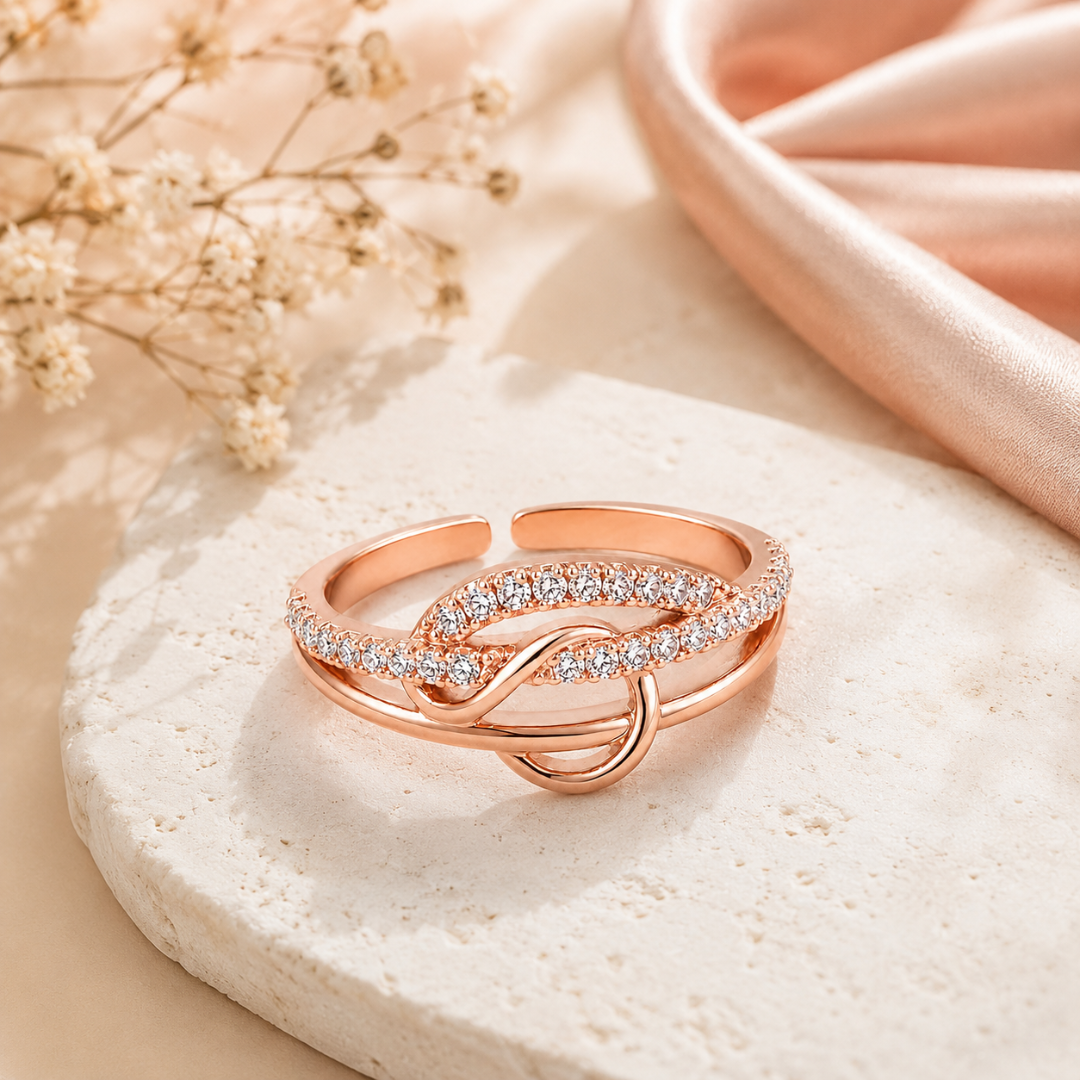 Rose Gold Plated | American Diamond Studded | Adjustable | Finger Ring for Women and Girls, Style 23