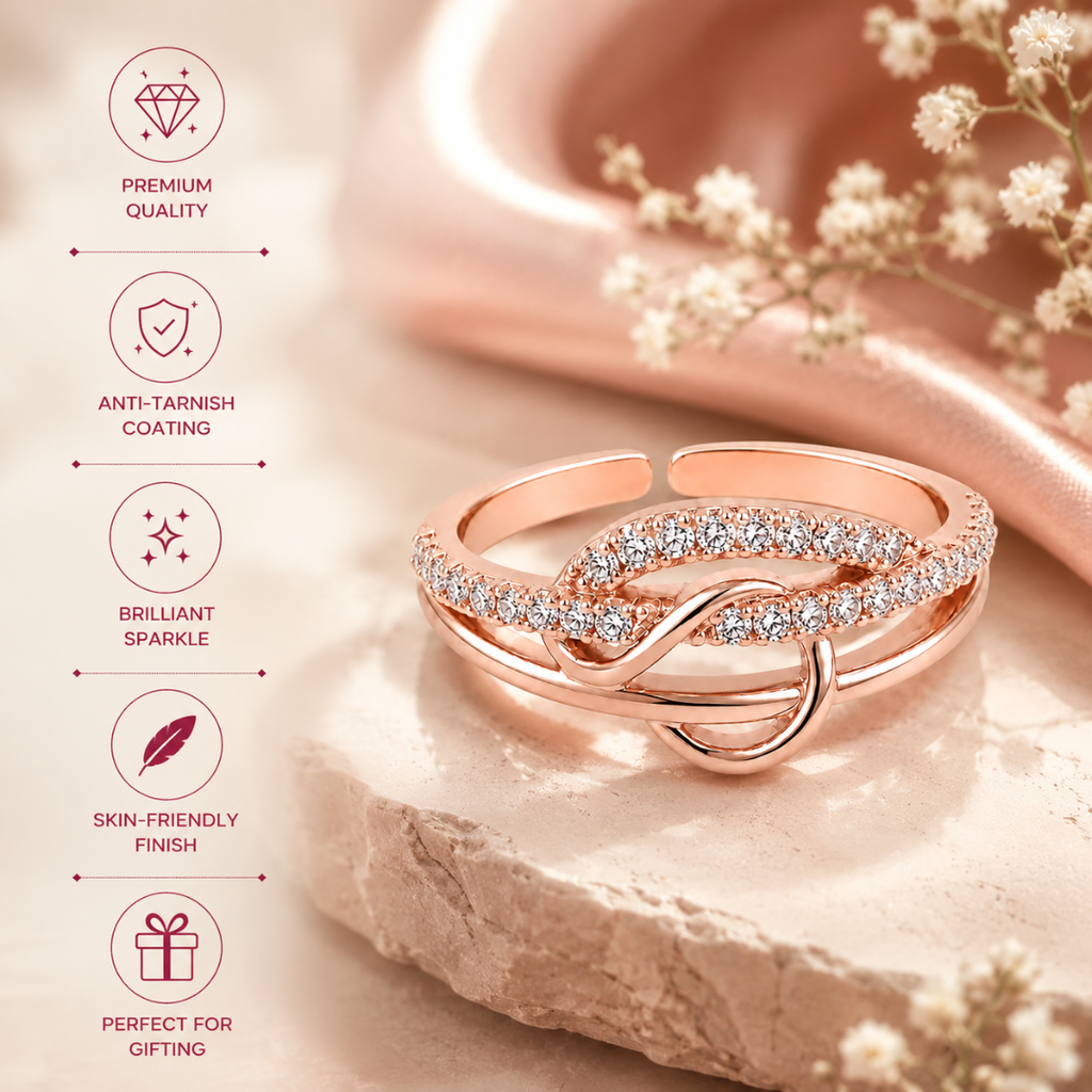 Rose Gold Plated | American Diamond Studded | Adjustable | Finger Ring for Women and Girls, Style 23