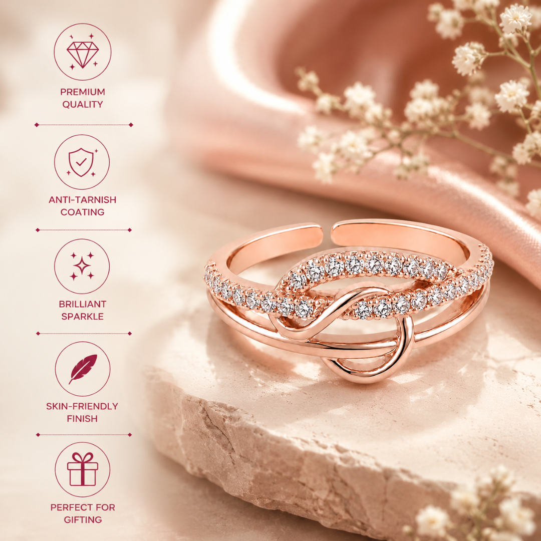 Rose Gold Plated | American Diamond Studded | Adjustable | Finger Ring for Women and Girls, Style 23