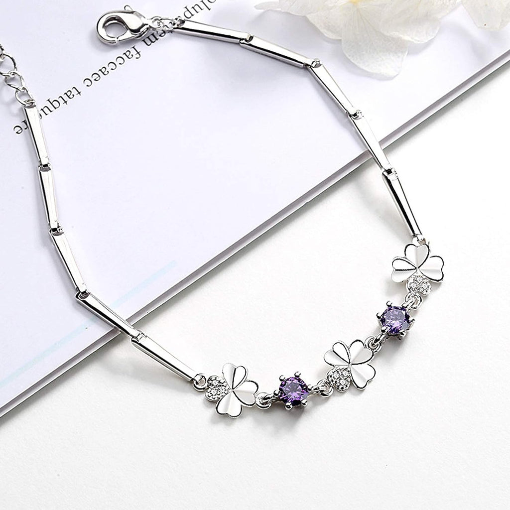 Latest Stylish Silver Plated Cubic Zirconia Clover Shaper Charm Bracelet for Women, Gifts for Girlfriend, Women & Girls (Purple)
