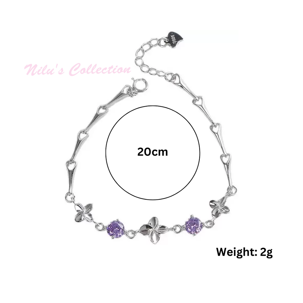 Latest Stylish Silver Plated Cubic Zirconia Clover Shaper Charm Bracelet for Women, Gifts for Girlfriend, Women & Girls (Purple)