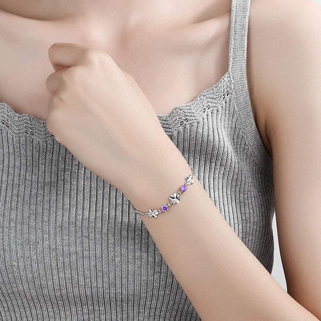 Latest Stylish Silver Plated Cubic Zirconia Clover Shaper Charm Bracelet for Women, Gifts for Girlfriend, Women & Girls (Purple)