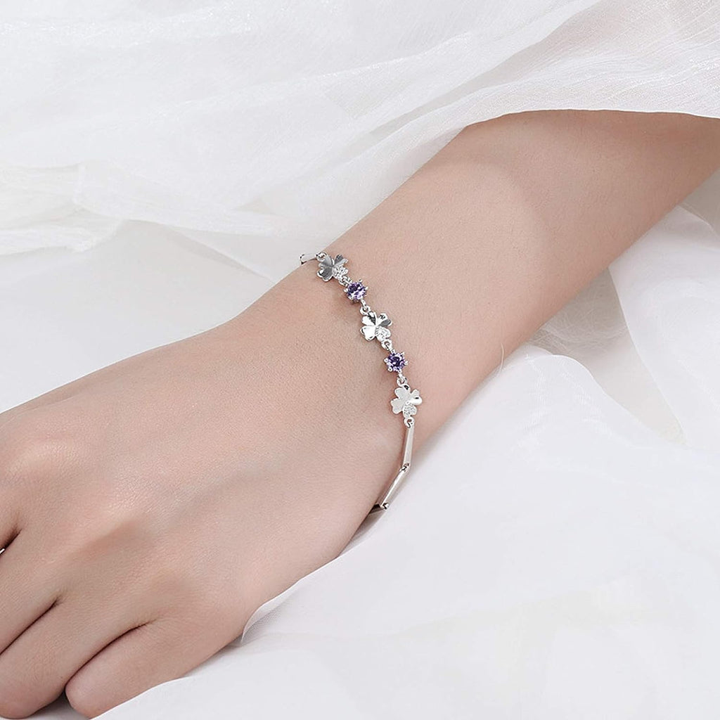 Latest Stylish Silver Plated Cubic Zirconia Clover Shaper Charm Bracelet for Women, Gifts for Girlfriend, Women & Girls (Purple)