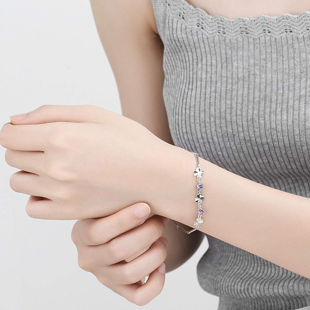 Latest Stylish Silver Plated Cubic Zirconia Clover Shaper Charm Bracelet for Women, Gifts for Girlfriend, Women & Girls (Purple)