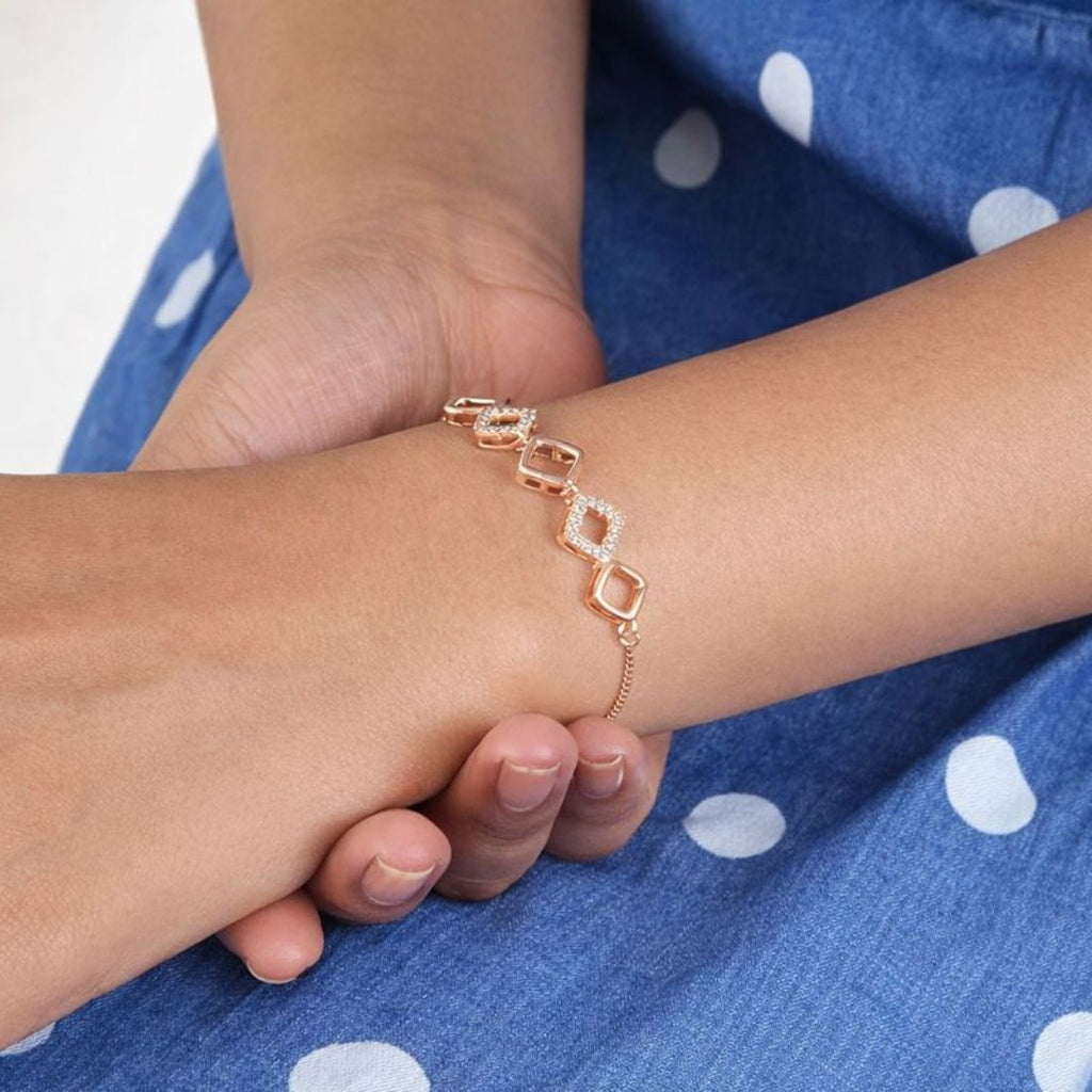 Rose Gold Plated American Diamond Adjustable Bracelet, Stylish Fashion Jewellery Gift for Girls & Women