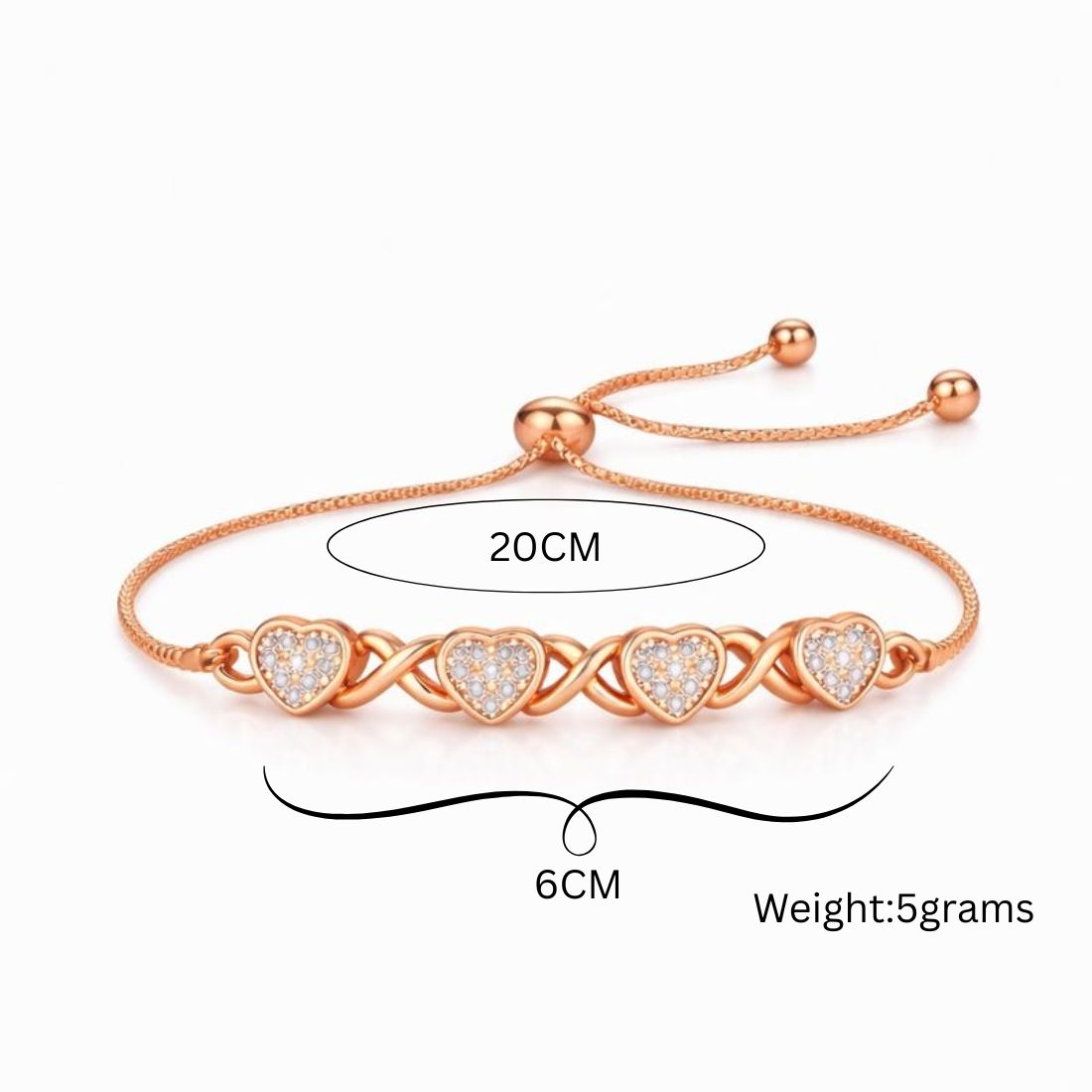 Rose Gold Plated Adjustable Infinity Heart Bracelet with American Diamonds for Women & Girls