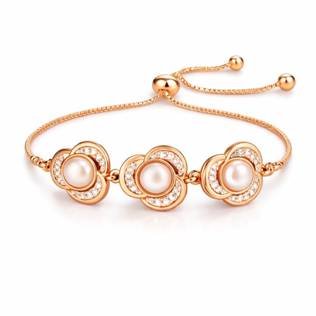 Rose Gold Plated Floral Pearl Bracelet with American Diamonds Adjustable Bracelet for Women And Girls