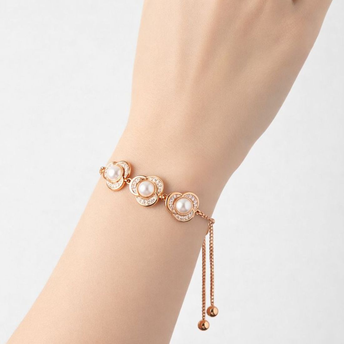 Rose Gold Plated Floral Pearl Bracelet with American Diamonds Adjustable Bracelet for Women And Girls