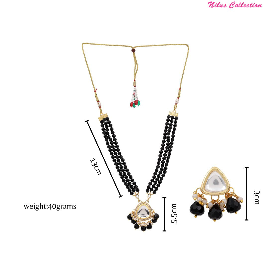 Nilu's Collection Elegant Triple-Layer Black Moti Necklace with Pearl Drop Earrings for womens and girls