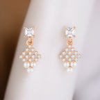 Nilu's Collection Rose Gold Plated Pearl Drop Earrings with AD Stones Dangler Earrings for Women & Girls | lightweighted | Anti-Tranish | Anti-Allergy