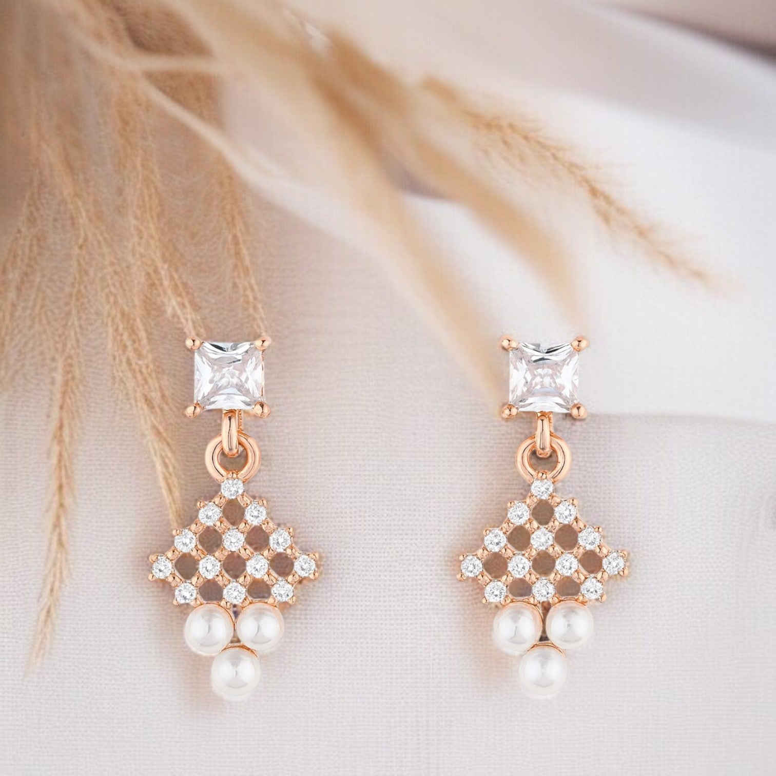 Nilu's Collection Rose Gold Plated Pearl Drop Earrings with AD Stones Dangler Earrings for Women & Girls | lightweighted | Anti-Tranish | Anti-Allergy