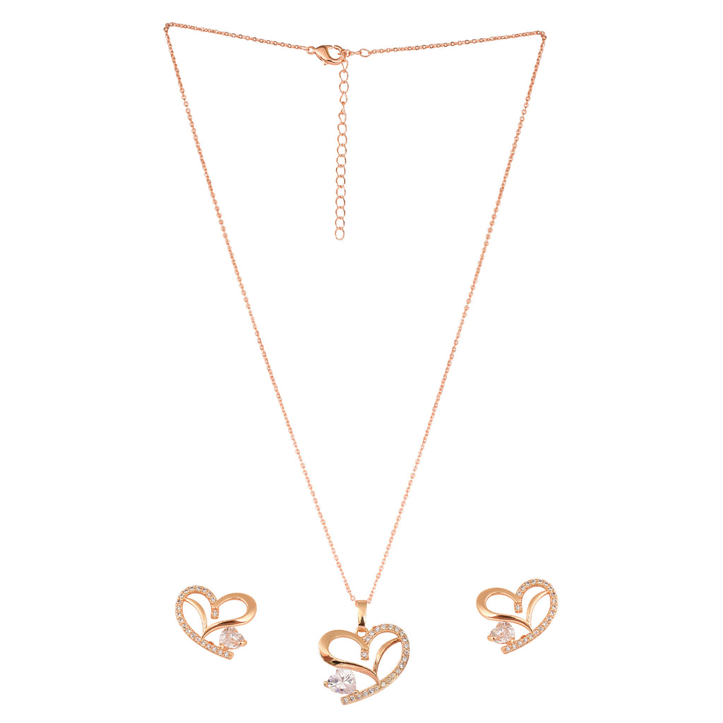 American Diamond Rose Gold Plated Love Shaped Pendant Necklace Set with Chain & Stud Earring for Girls and Women