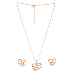 American Diamond Rose Gold Plated Love Shaped Pendant Necklace Set with Chain & Stud Earring for Girls and Women