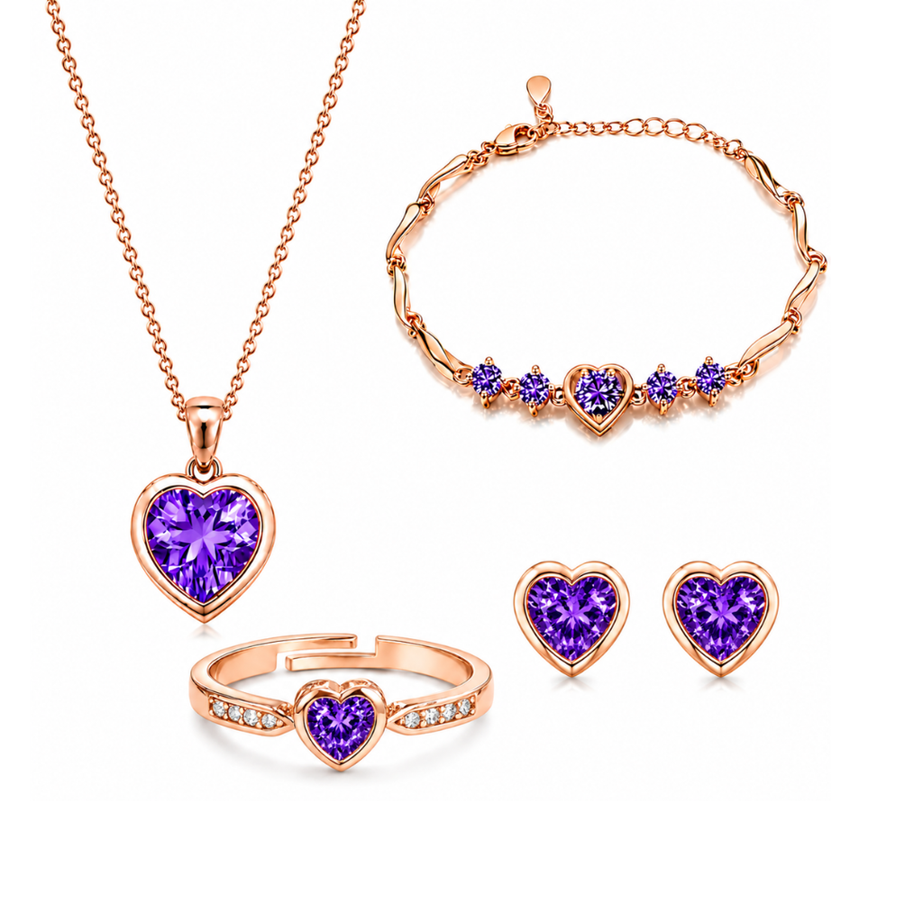 Rose Gold Purple Heart Jewelry Set