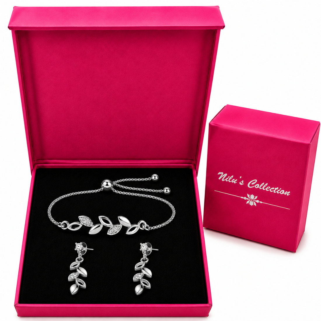 Silver Leaf Bracelet With Drop Earrings for Women