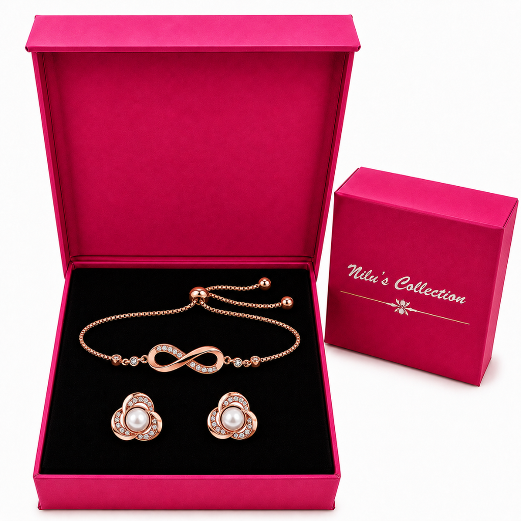 Rose Gold Infinity Bracelet & Pearl Stud Earrings Gift Set For Women