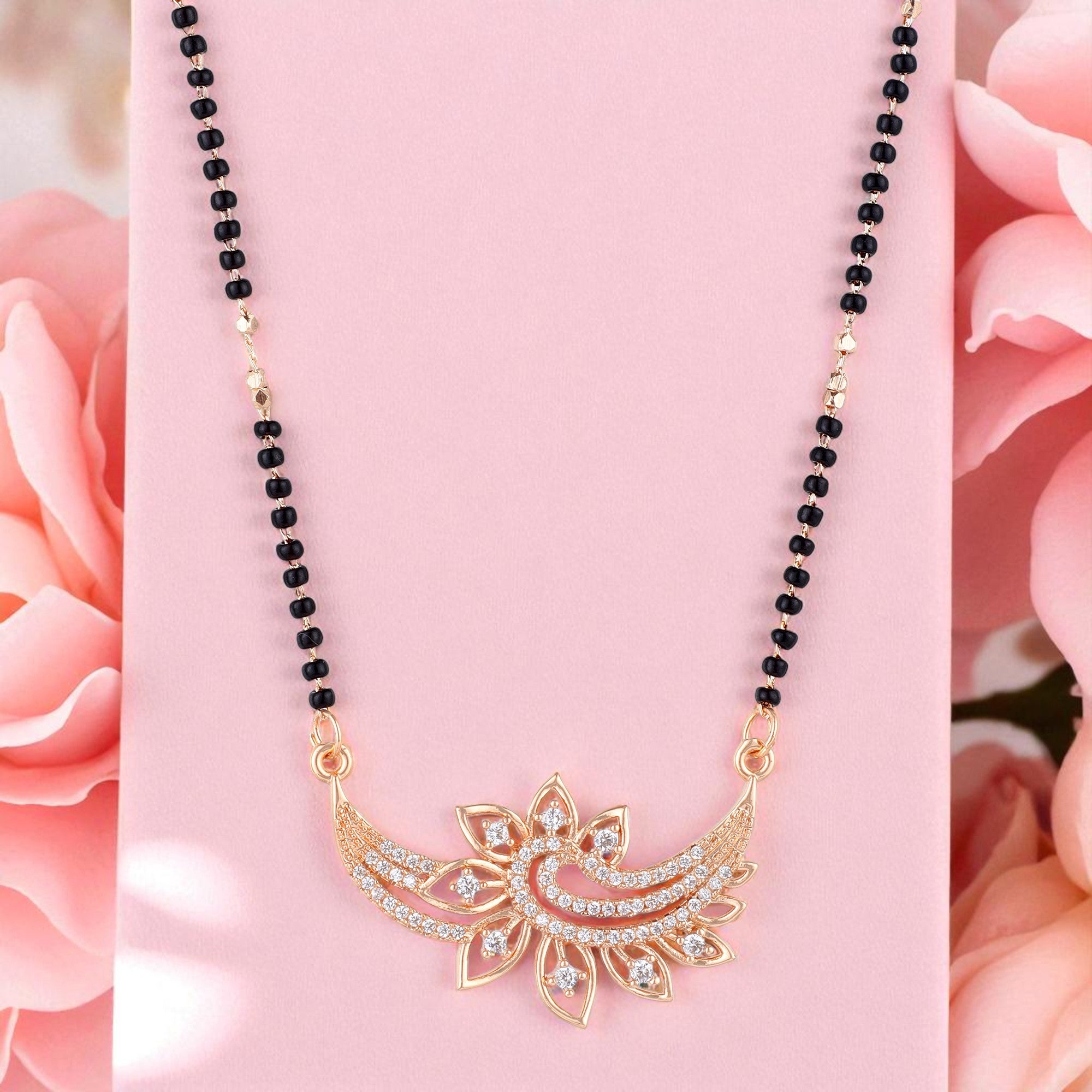 Nilu's Collection Rose Gold Plated Mangalsutra with Motif & Black Beads for Women