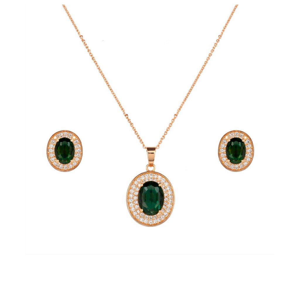 Nilu's Collection Rose Gold Plated Green Oval Necklace With Stud Earrings for Women And Girls | Anti-Tarnish | Anti-Allergy| Office Wear