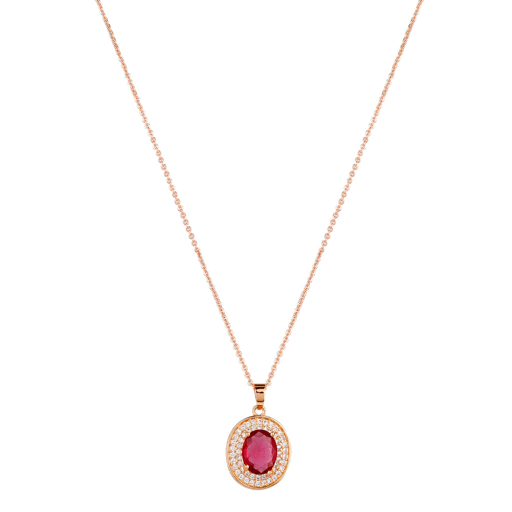 Rose Gold Plated Ruby Red Oval Pendant Necklace and Earring Set for Women and Girls