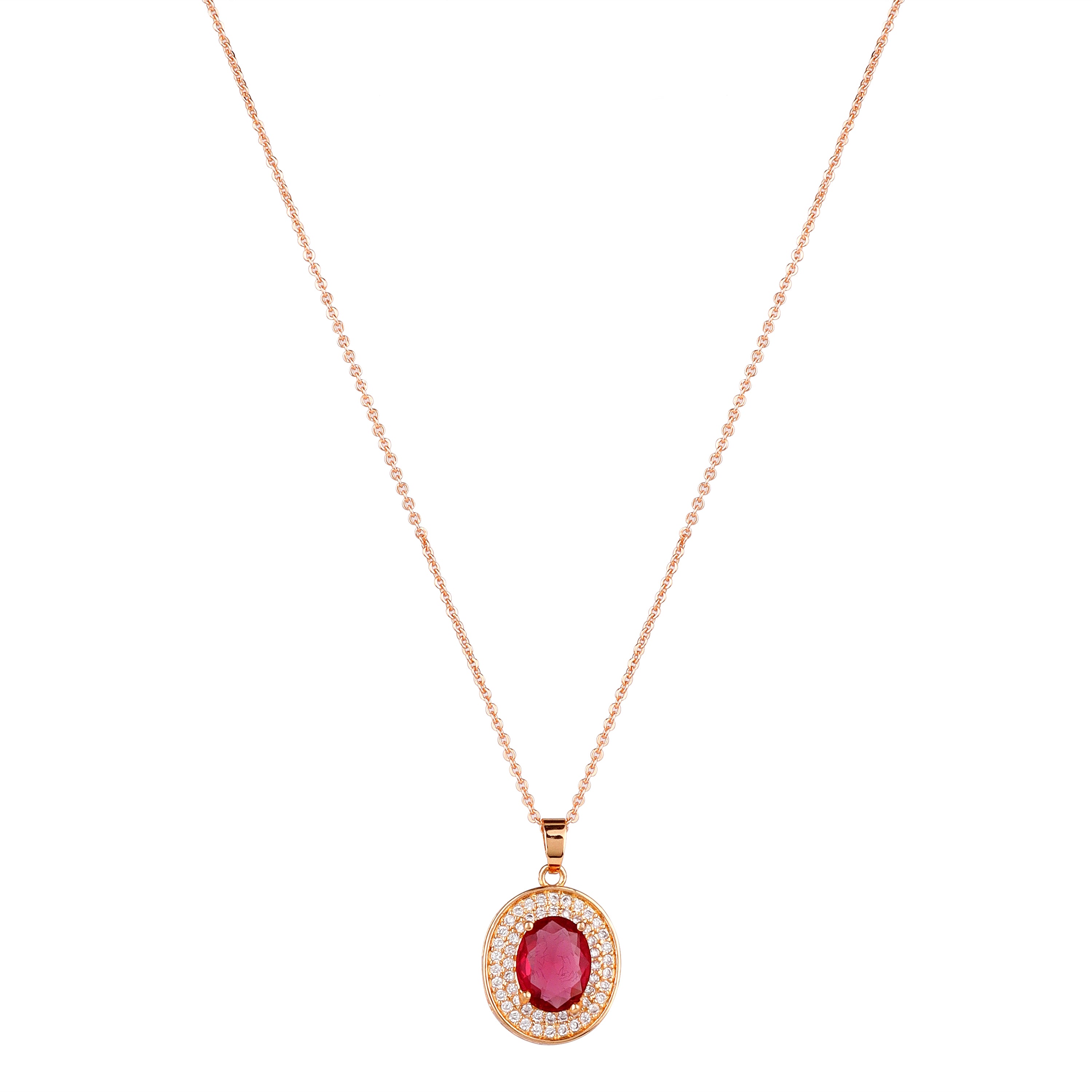 Rose Gold Plated Ruby Red Oval Pendant Necklace and Earring Set for Women and Girls