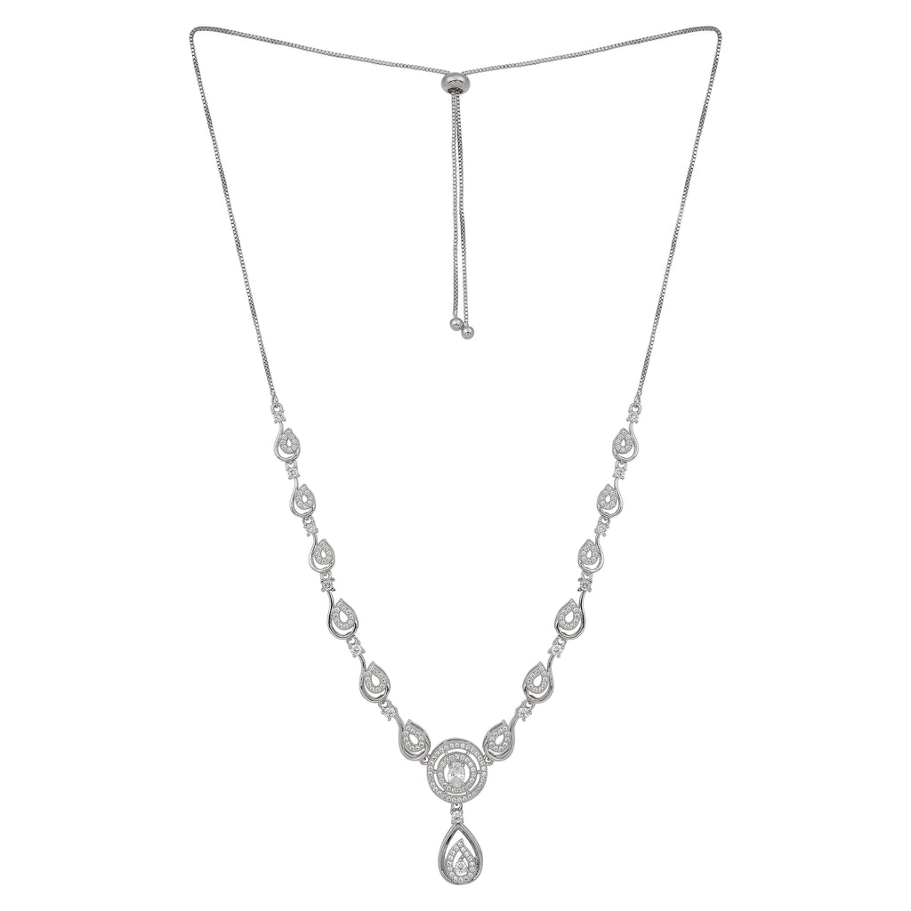 Stylish Silver Plated American Diamond Chain Pendent Necklace & Earrings Set for Women & Girls, Luxury AD Pendant Gift Set for Women, Girls