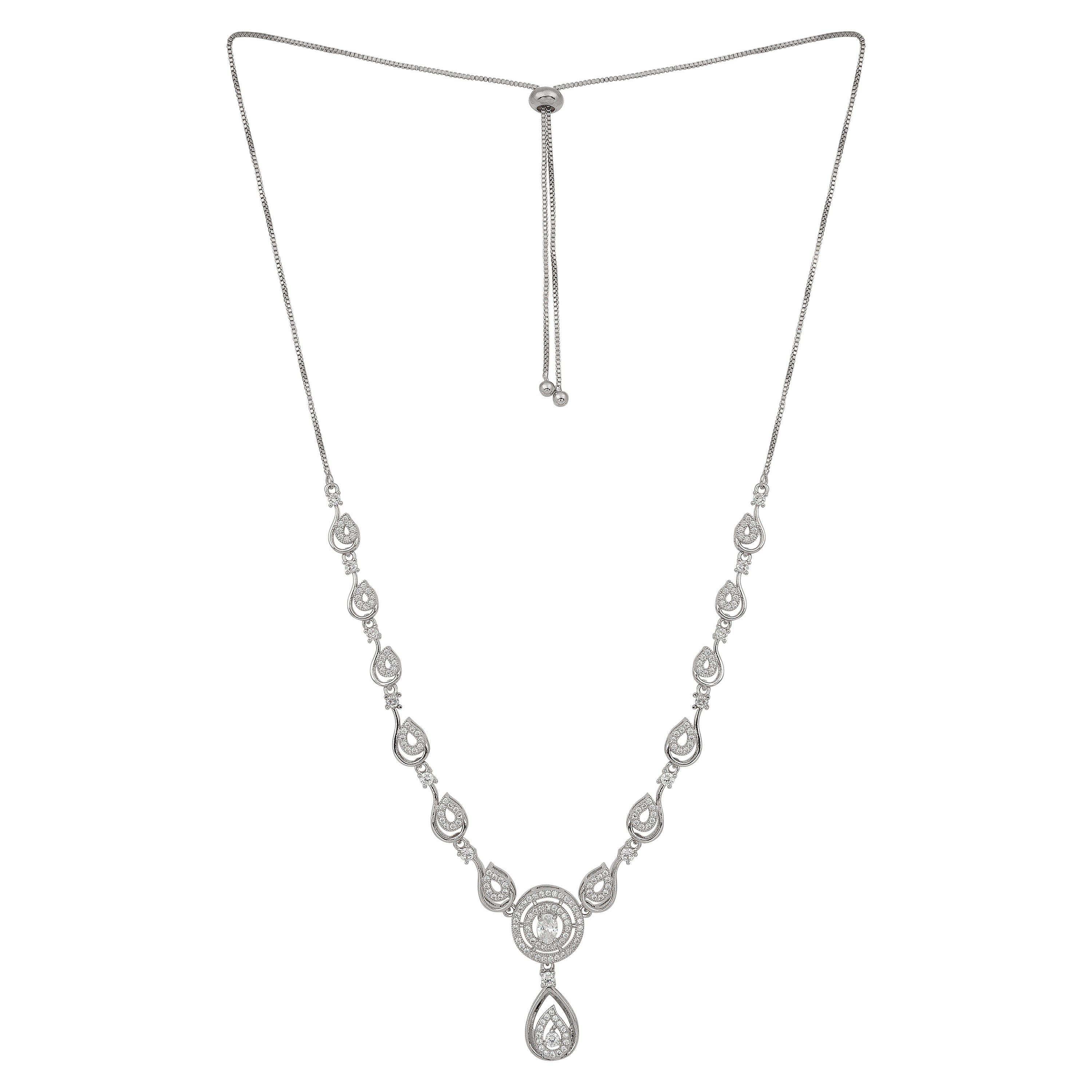 Stylish Silver Plated American Diamond Chain Pendent Necklace & Earrings Set for Women & Girls, Luxury AD Pendant Gift Set for Women, Girls