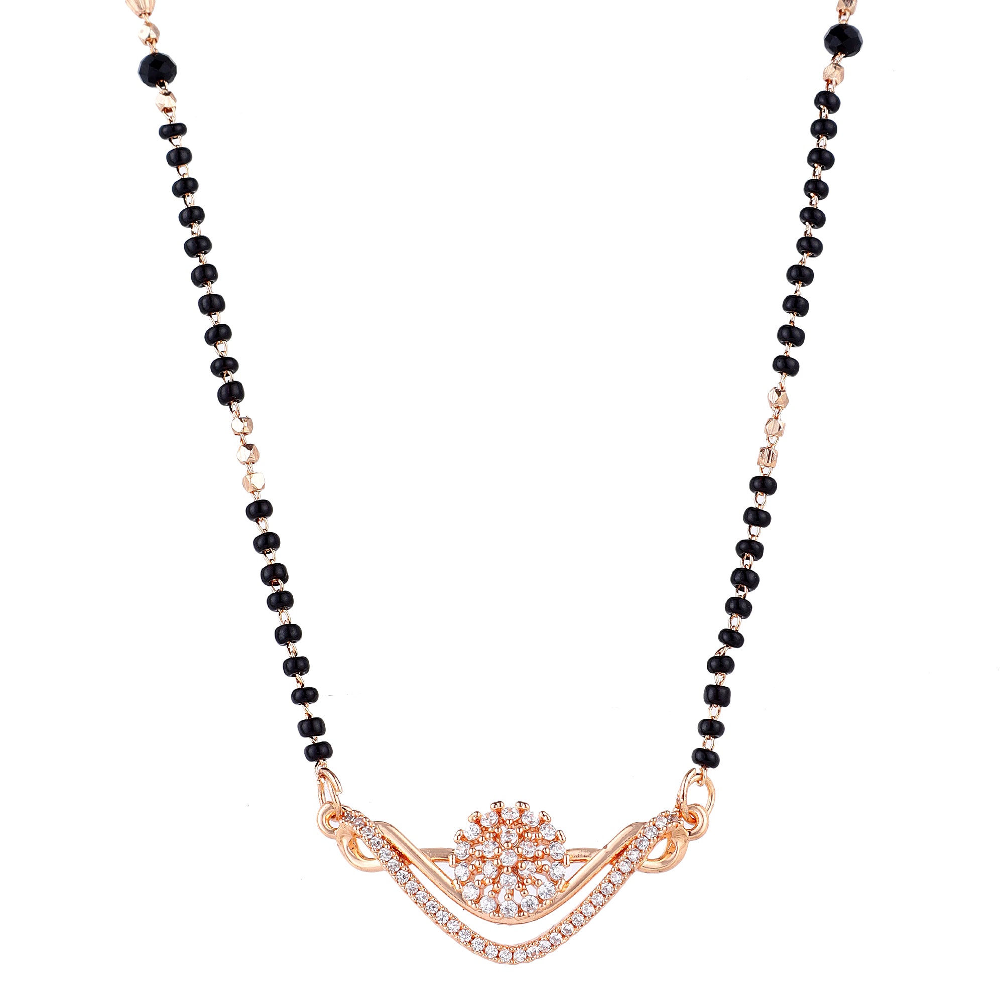Nilu's Collection Rose Gold Plated CZ Stones  Floral Mangalsutra With  Black Beads For Women