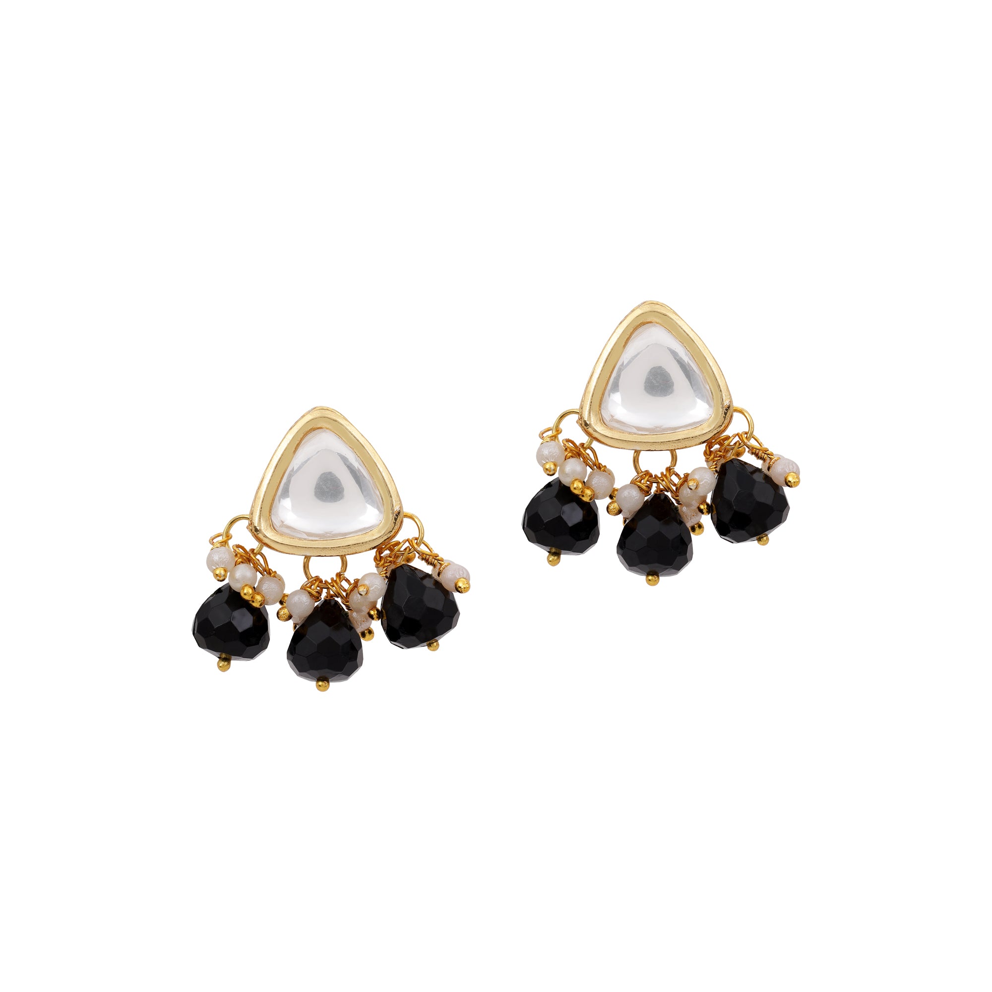 Nilu's Collection Elegant Triple-Layer Black Moti Necklace with Pearl Drop Earrings for womens and girls