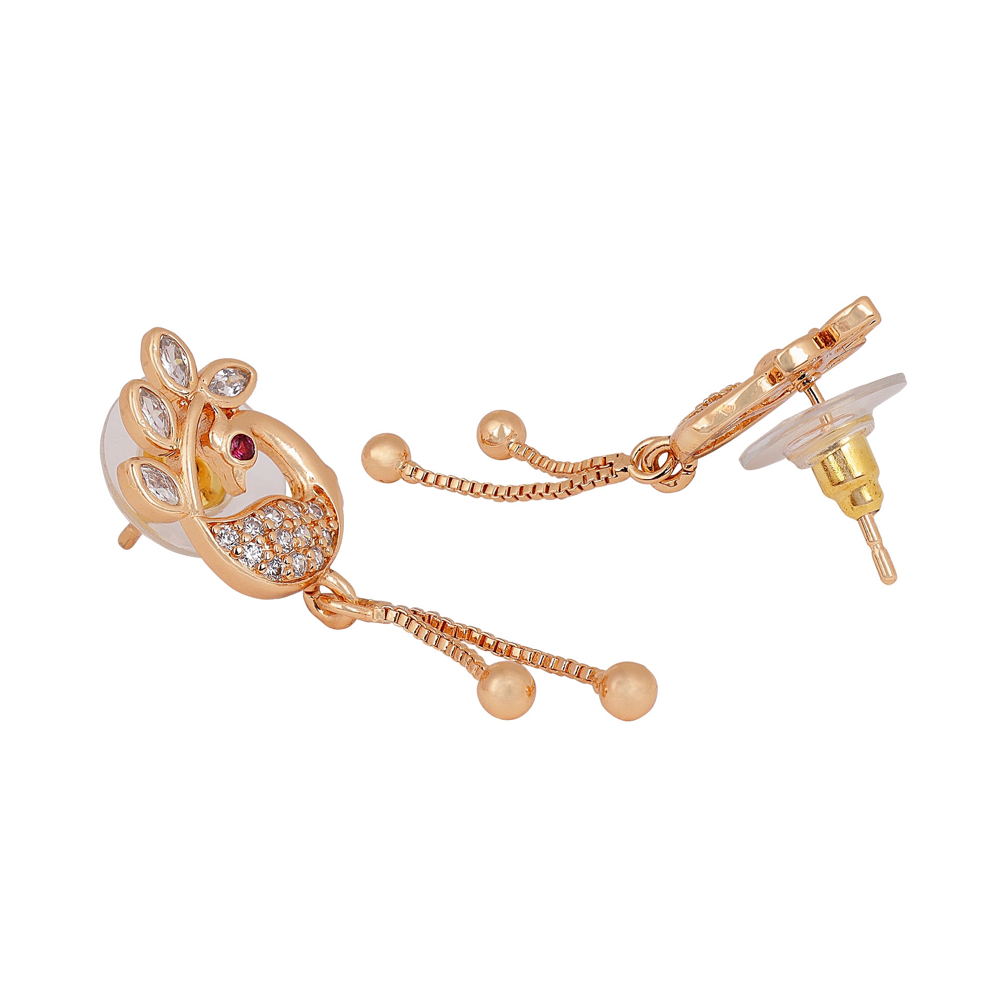 Rose Gold Plated Long Earrings, American Diamond Studded Lightweight Danglers Drop Earrings for Women and Girls (peacock)