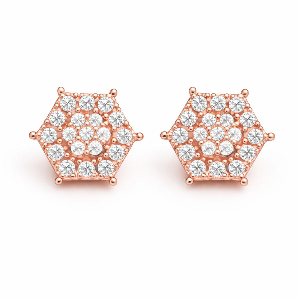 Nilu's Collection Rose Gold Plated American Diamond Hexagon Stud Earrings For Women And Girls