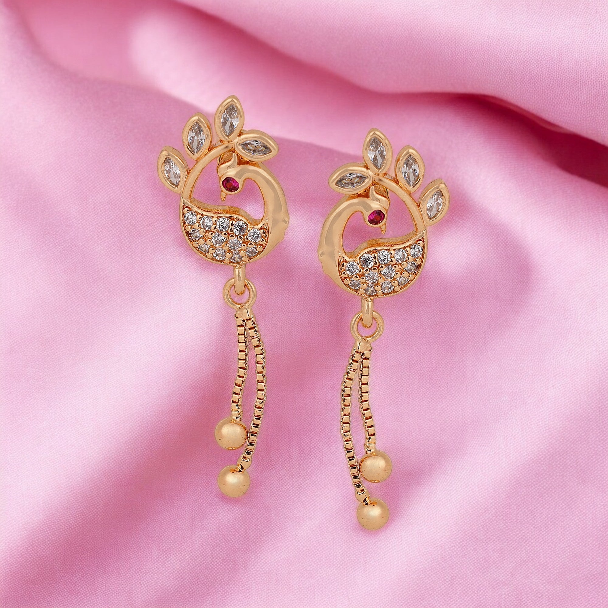Rose Gold Plated Long Earrings, American Diamond Studded Lightweight Danglers Drop Earrings for Women and Girls (peacock)