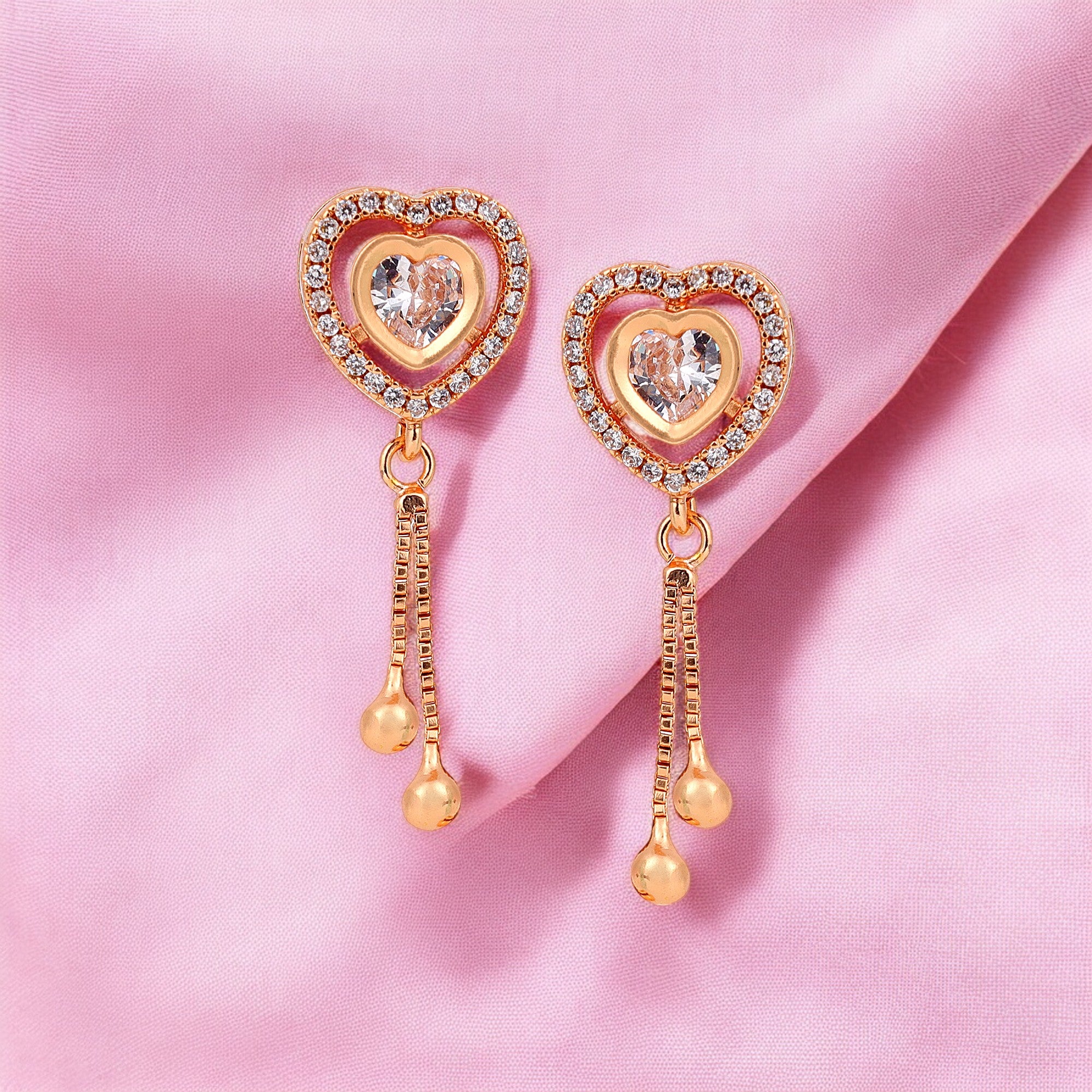 Rose Gold Plated Heart Drops Capture with American Diamond Earrings For Girls and Women | Gift For Girls |