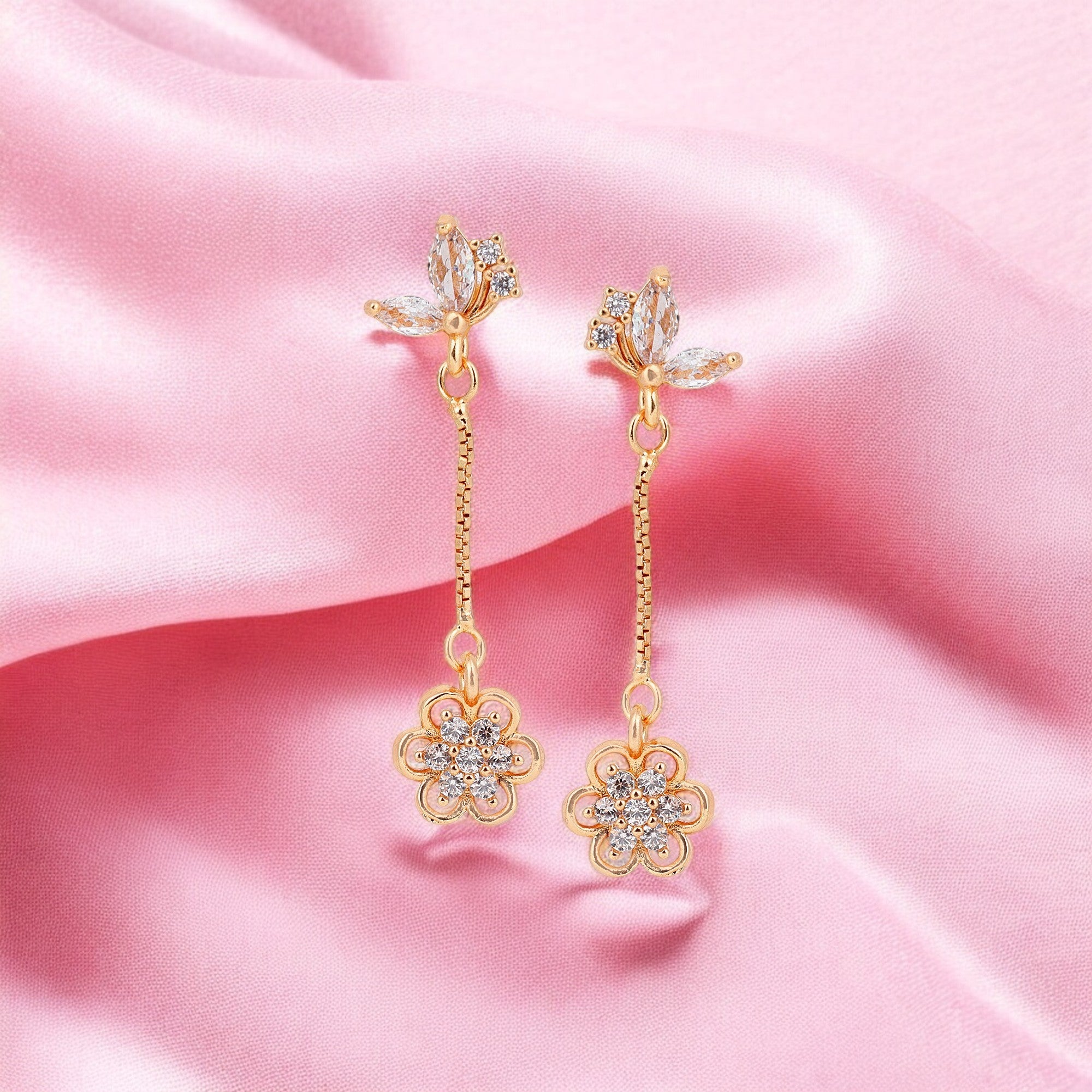 Elegant Rose Gold Floral Drop With American Diamond Earrings with Butterfly Studs For Girls And Women |Gifts For Girls | Marriage Gifts |