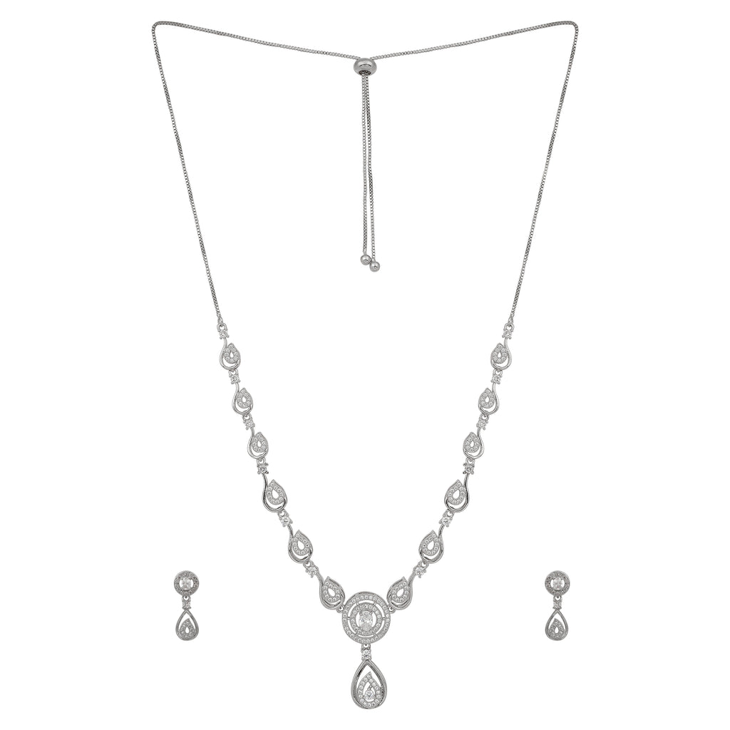 Stylish Silver Plated American Diamond Chain Pendent Necklace & Earrings Set for Women & Girls, Luxury AD Pendant Gift Set for Women, Girls
