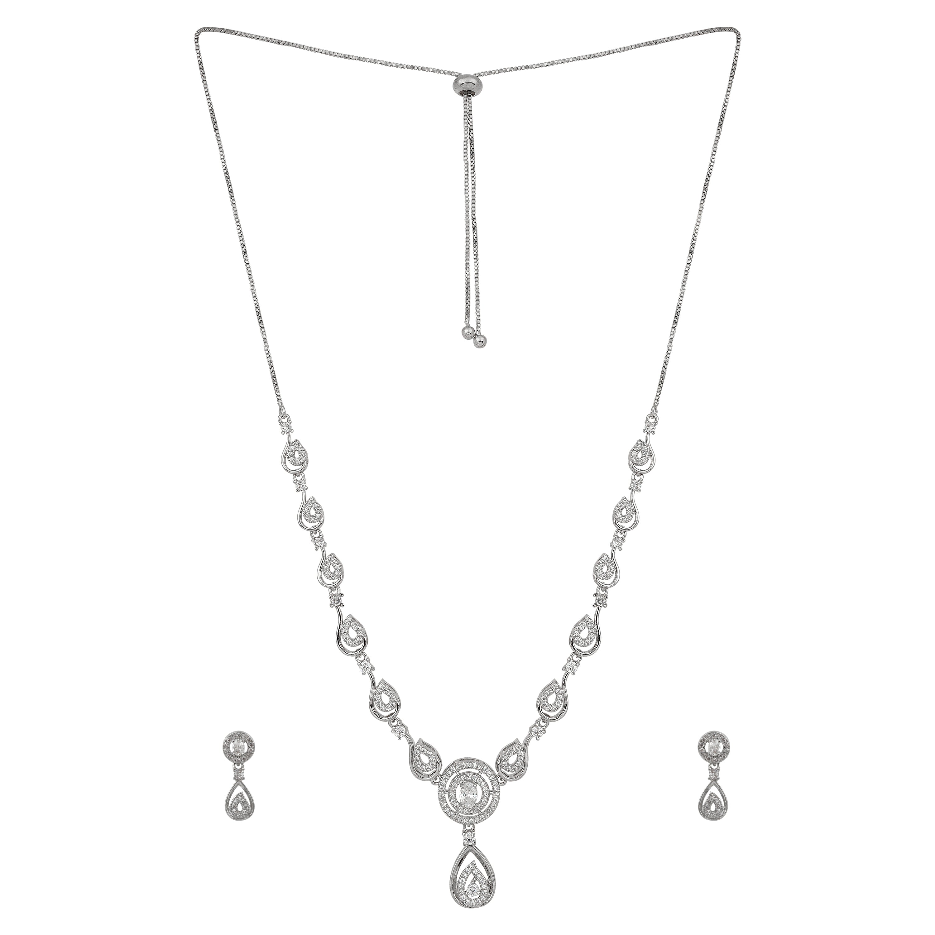 Stylish Silver Plated American Diamond Chain Pendent Necklace & Earrings Set for Women & Girls, Luxury AD Pendant Gift Set for Women, Girls