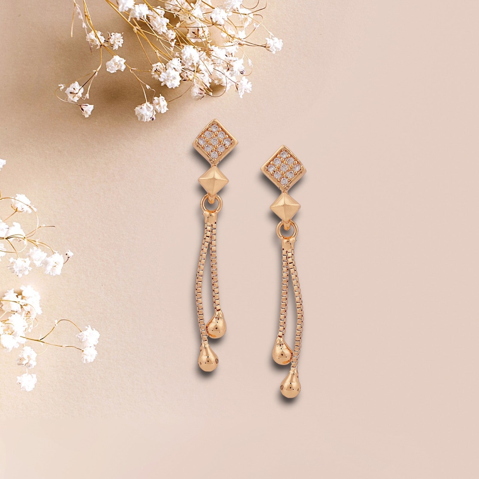 Rose Gold Long Earrings, American Diamond Studded Lightweight Drop Earrings for Women and Girls (Diamond Shape)