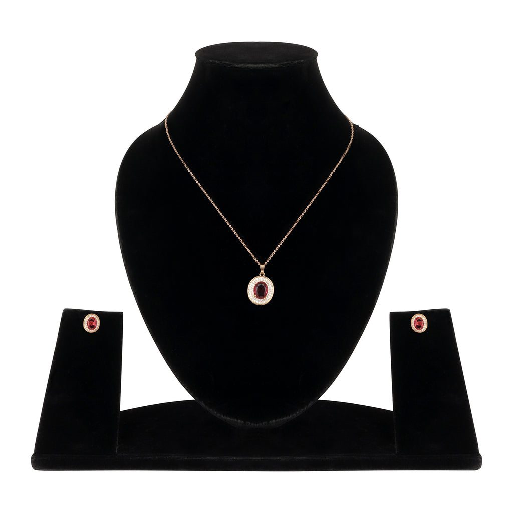 Rose Gold Plated Ruby Red Oval Pendant Necklace and Earring Set for Women and Girls
