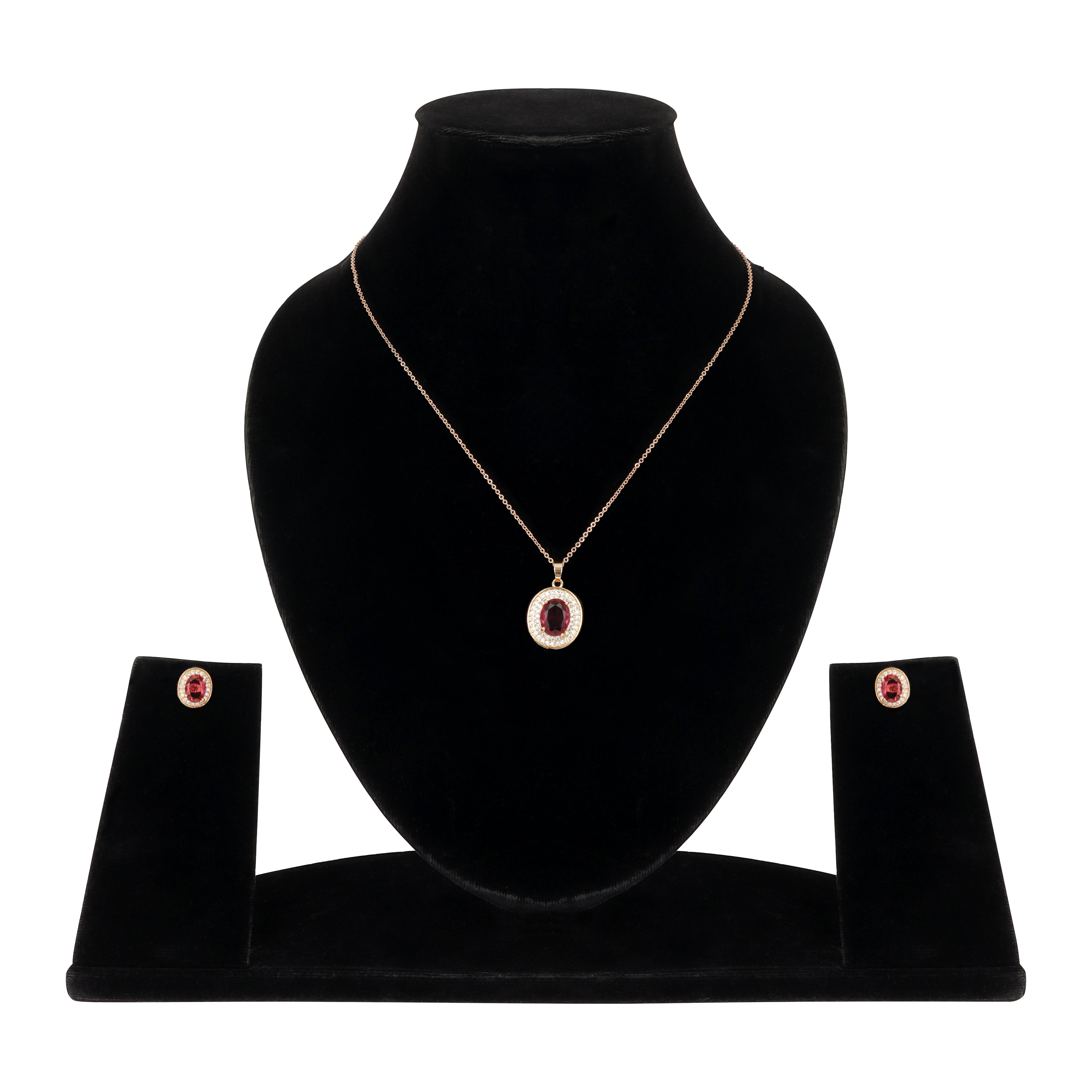 Rose Gold Plated Ruby Red Oval Pendant Necklace and Earring Set for Women and Girls