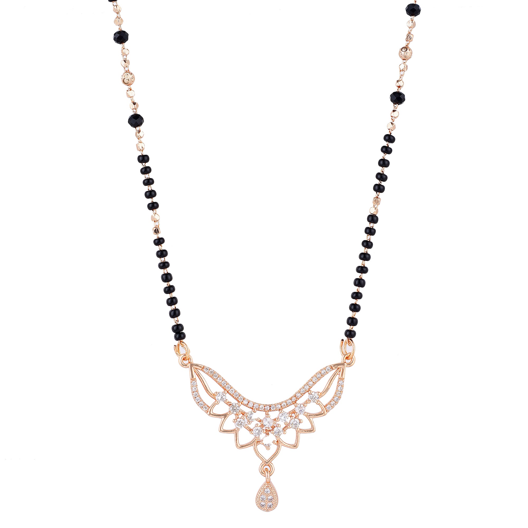 Nilu's Collection Rose Gold Plated CZ Stones Mangalsutra with Black Beads for Women