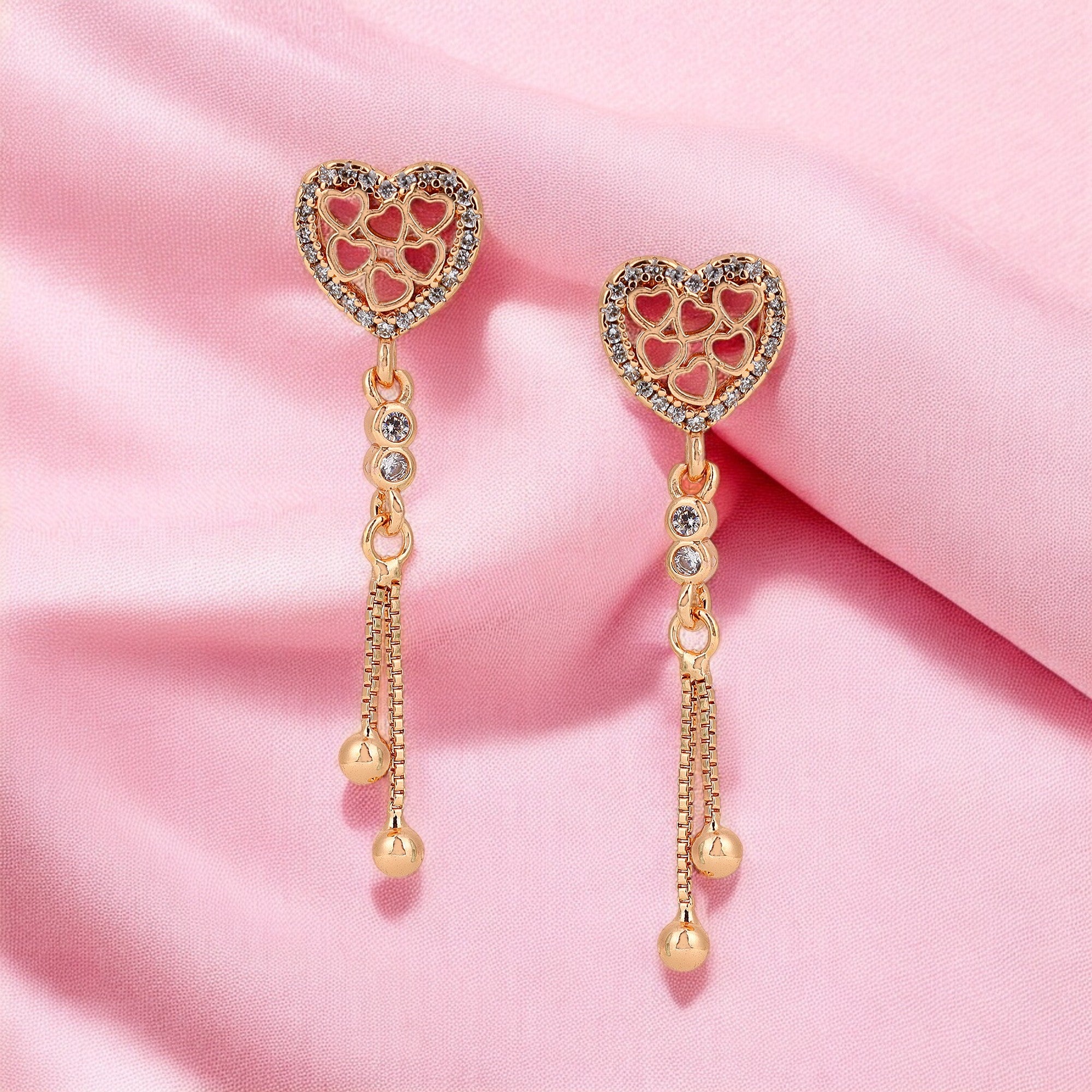 Rose Gold Plated Heart Design Dangling Earrings with American Diamond Stones For Women And Girls