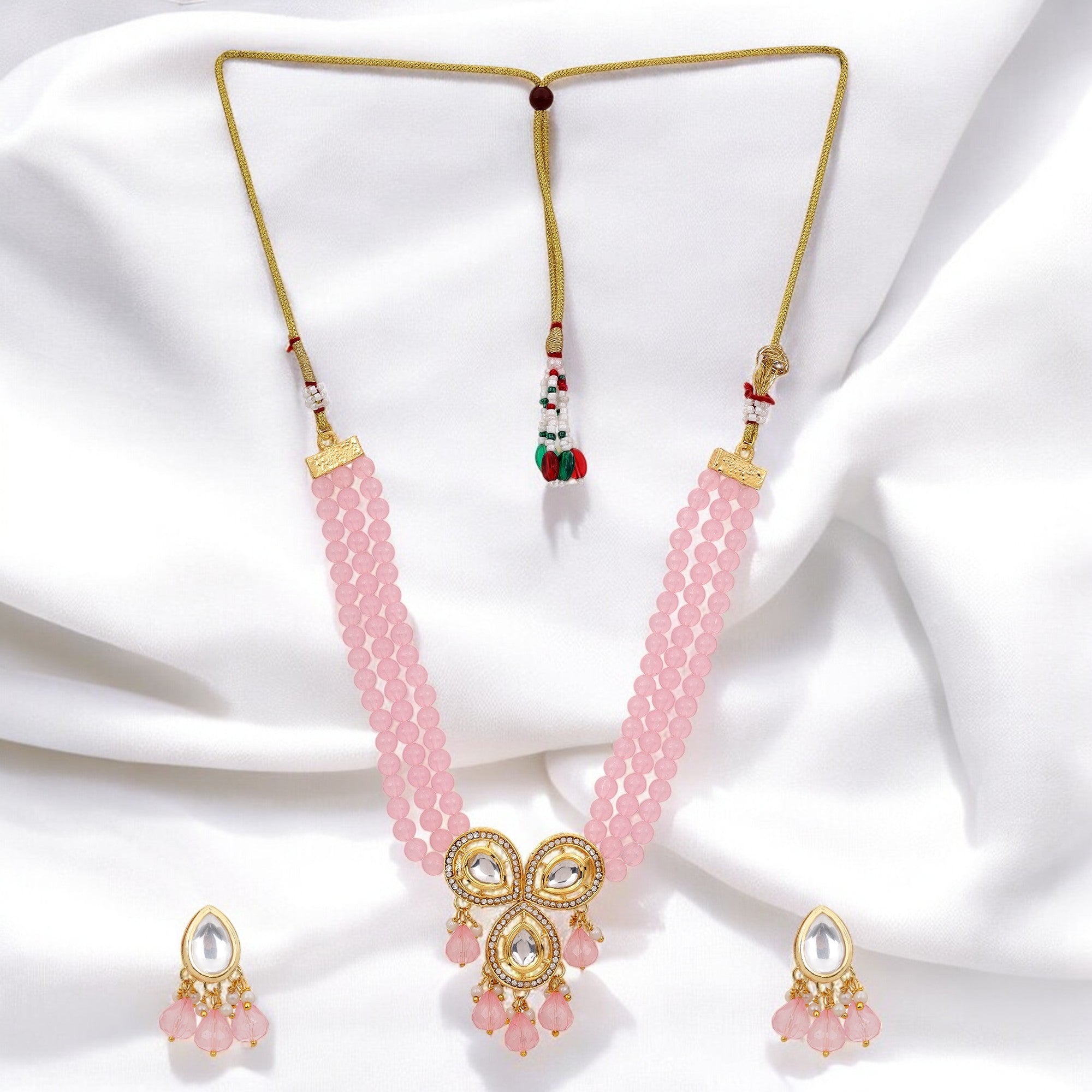 Traditional Necklace with Elegant Triple-Layer Pink Moti Pearl Beads and Decorative Pendant And Pair Of Earrings For Girls And Womens