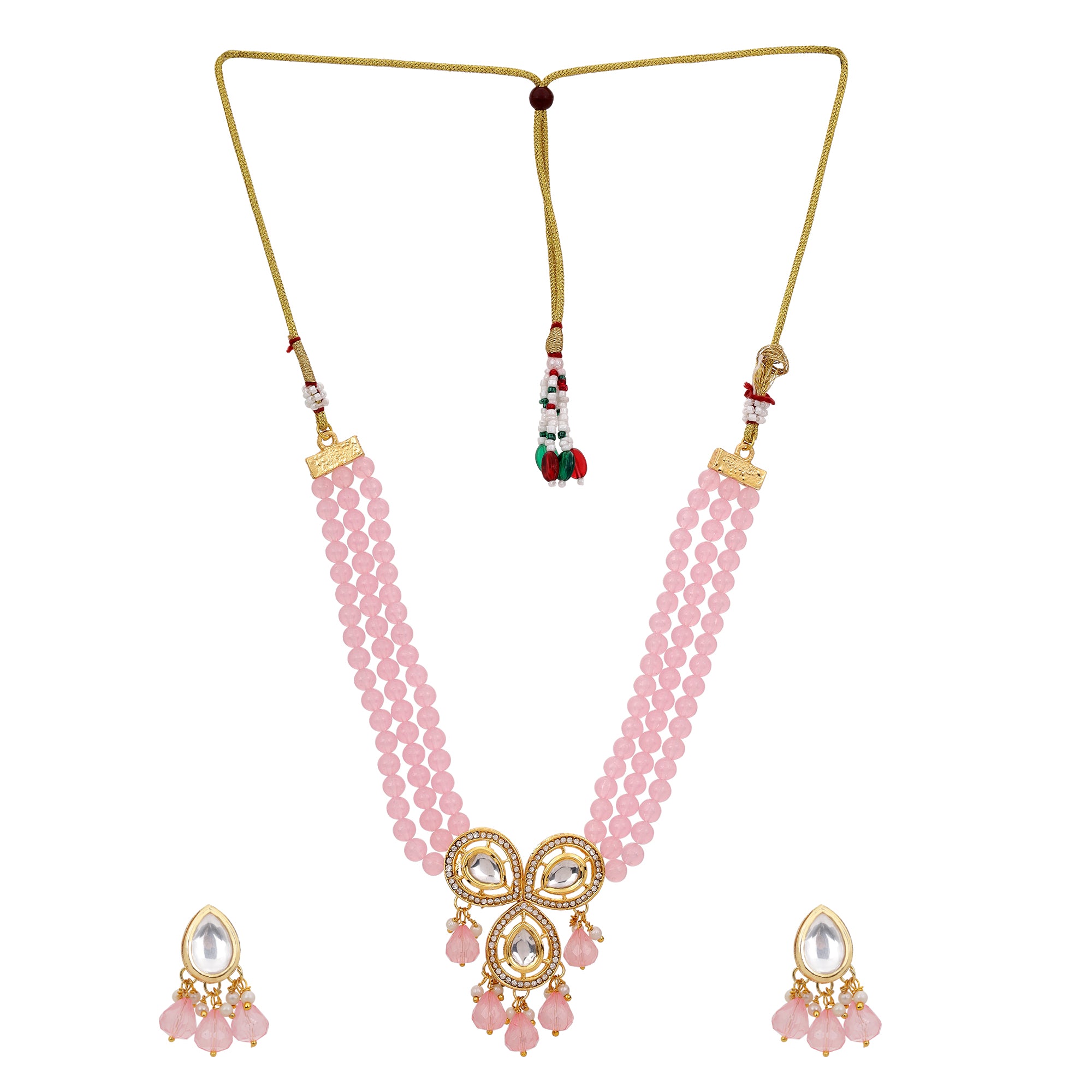 Traditional Necklace with Elegant Triple-Layer Pink Moti Pearl Beads and Decorative Pendant And Pair Of Earrings For Girls And Womens