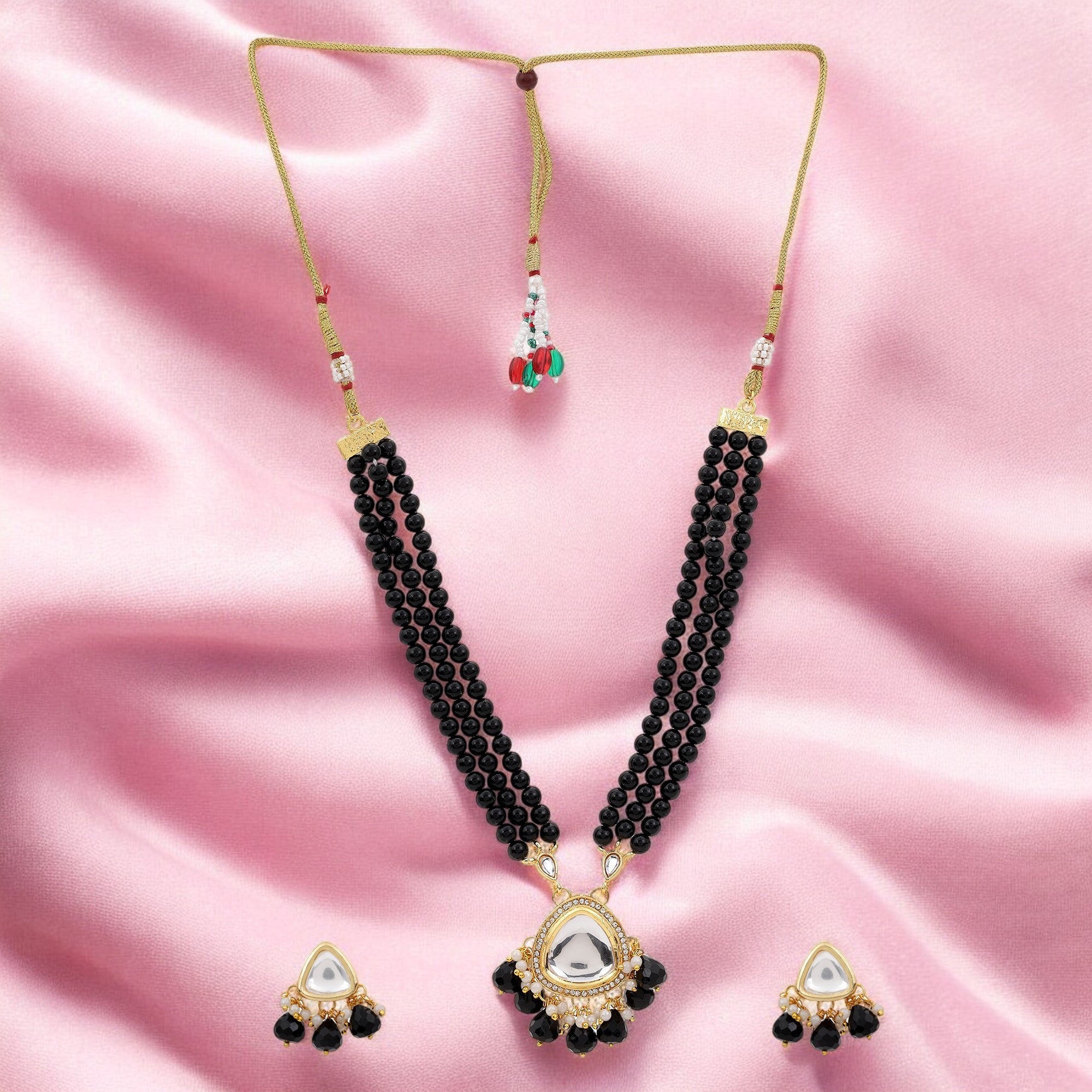 Nilu's Collection Elegant Triple-Layer Black Moti Necklace with Pearl Drop Earrings for womens and girls